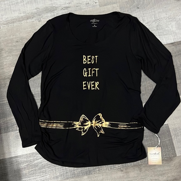 NWT a:glow Maternity Long Sleeve Tee Black & Gold Ruched at Hips Stretch Soft XL - Picture 2 of 9